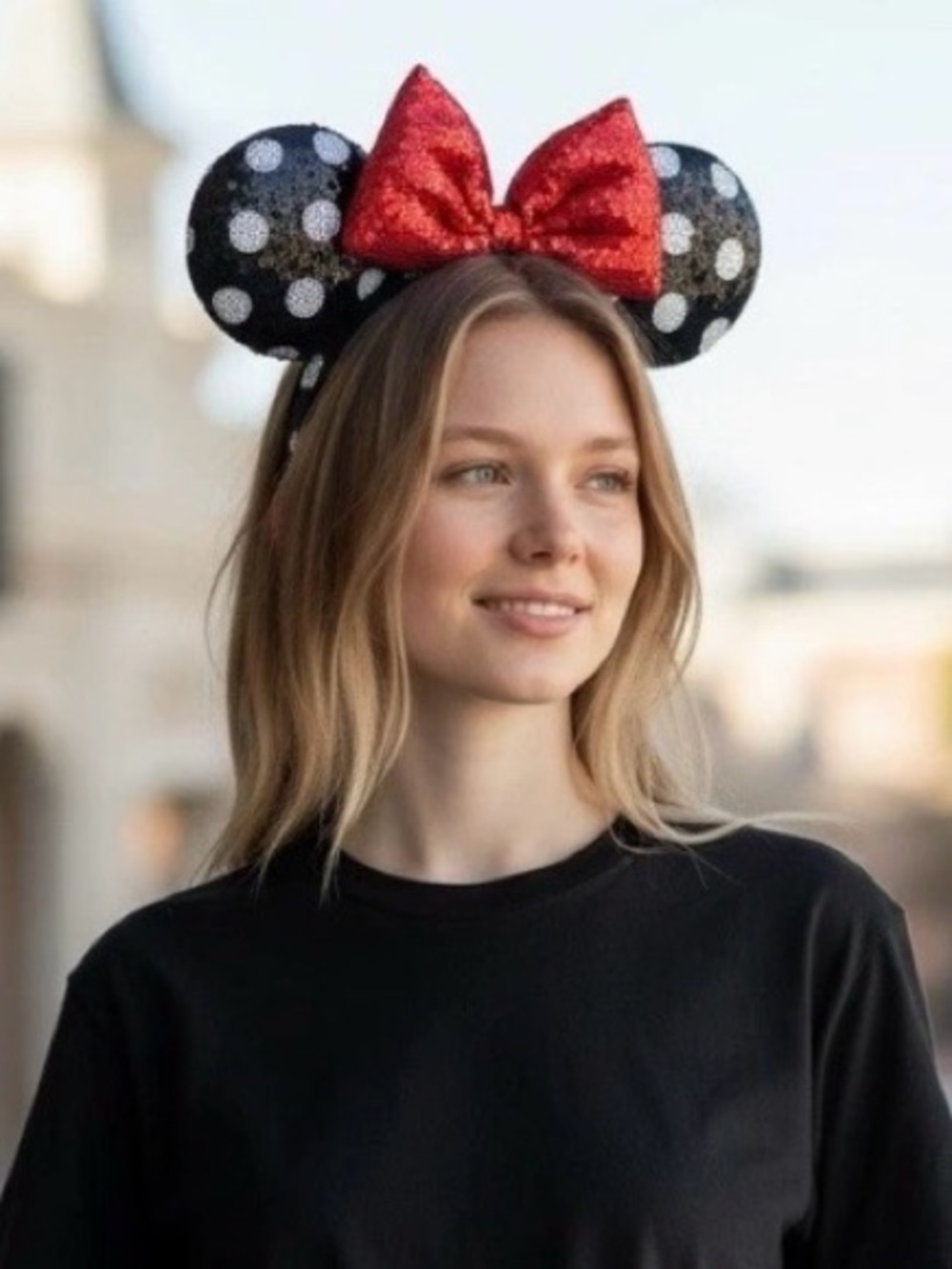 Disney Parks Hong Kong Minnie Polka Dot with Red Bow Sequin Ears Headband